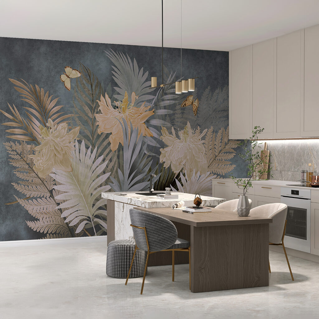 Flowers, ferns on grey — interior 2