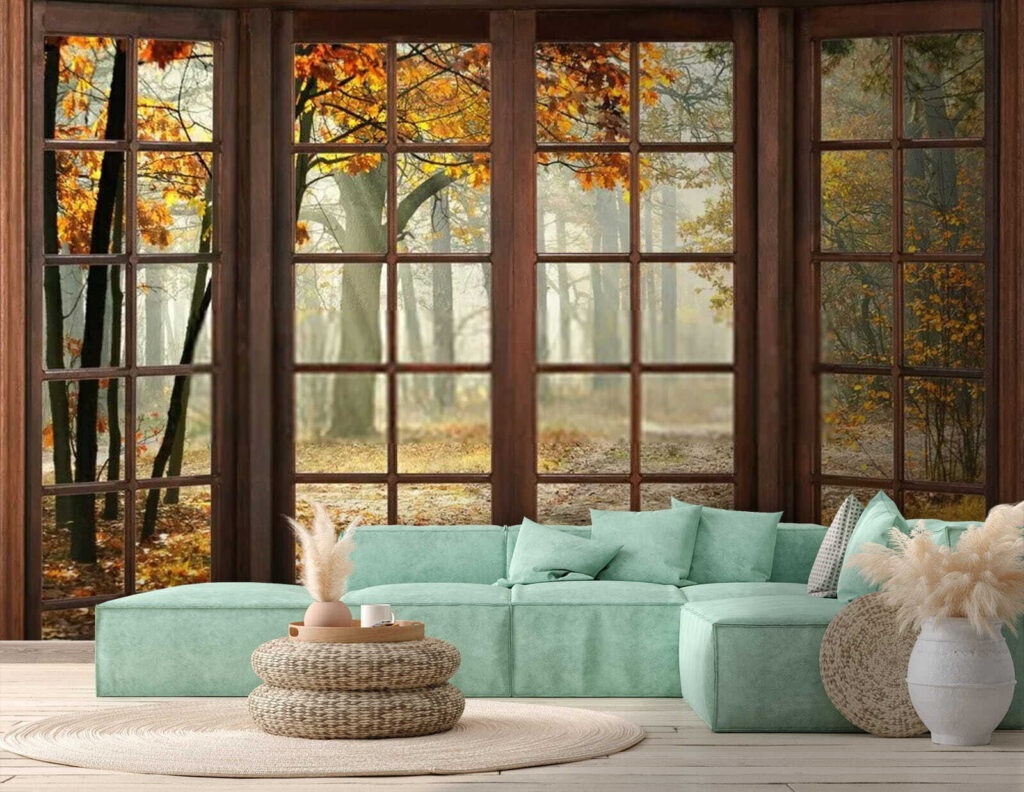 Autumn forest, wooden window — interior 2