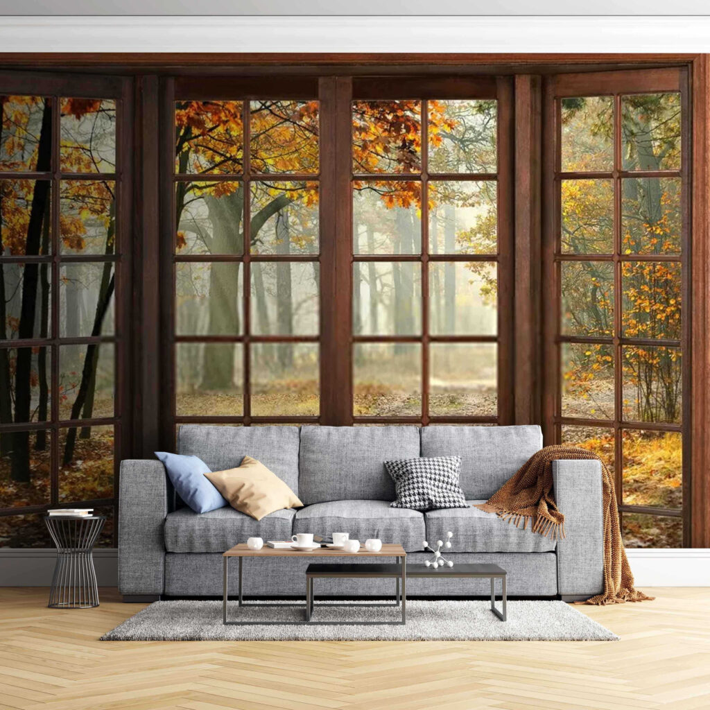 Autumn forest, wooden window — interior 1