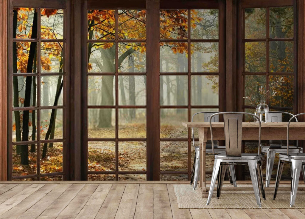 Autumn forest, wooden window — interior 3