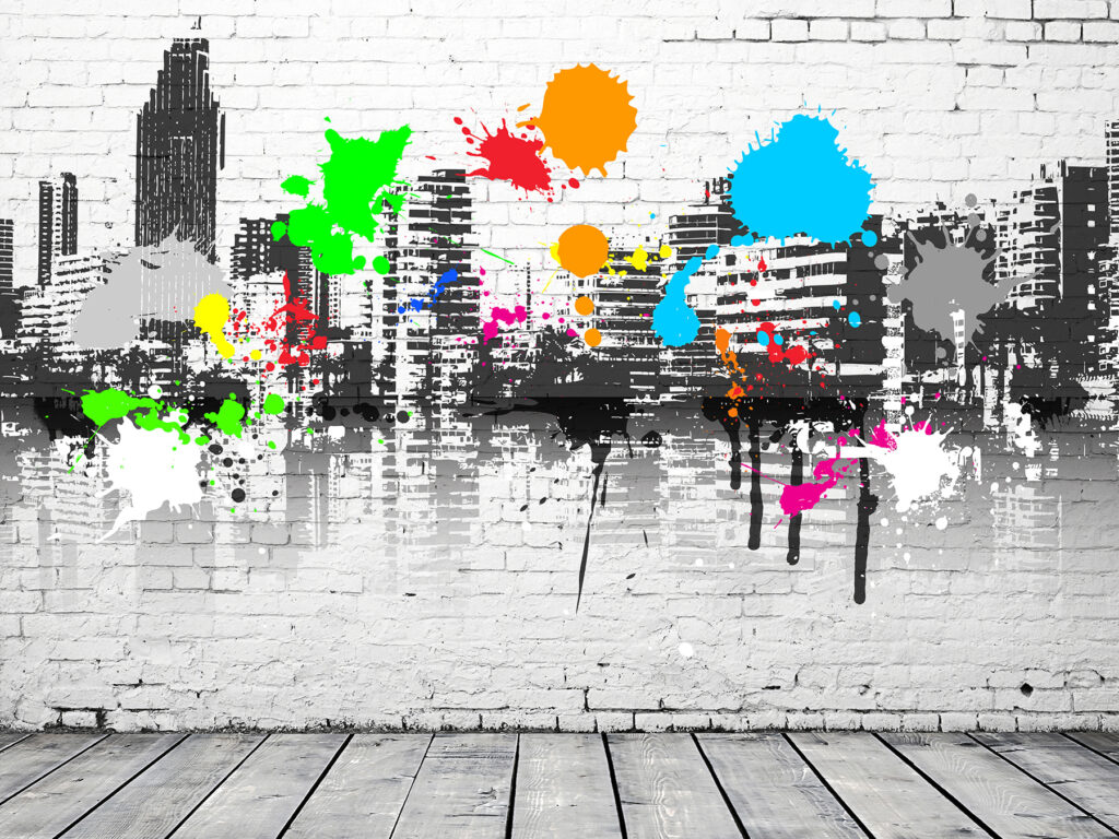 City silhouette, paint splashes — full design