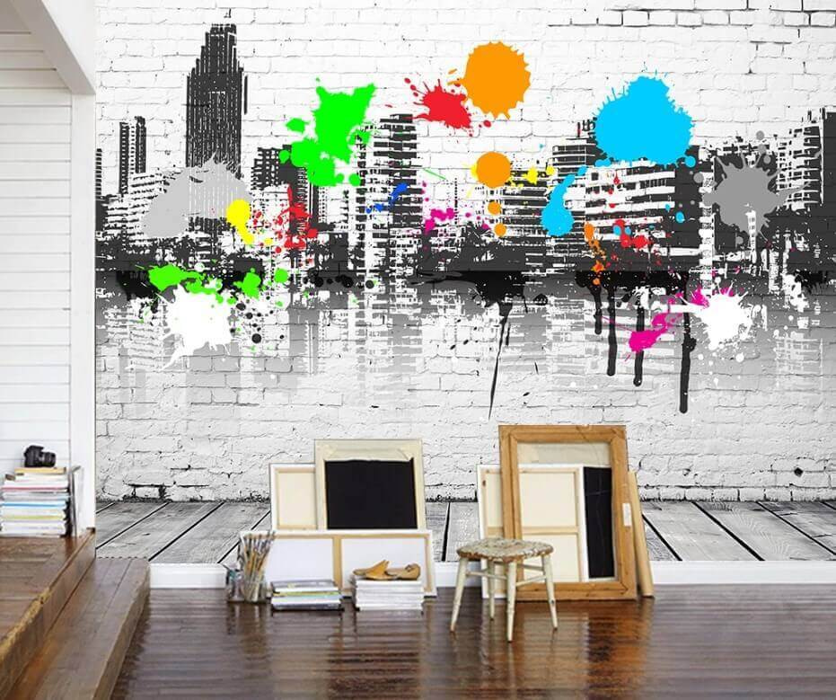 City silhouette, paint splashes — interior 1