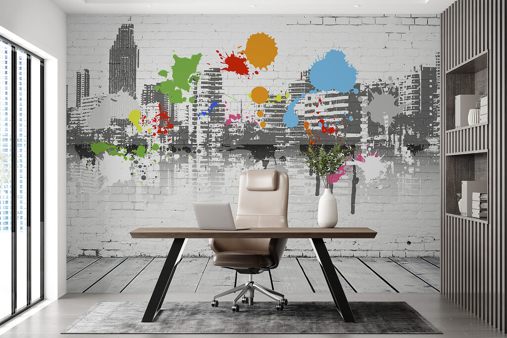City silhouette, paint splashes — interior 2