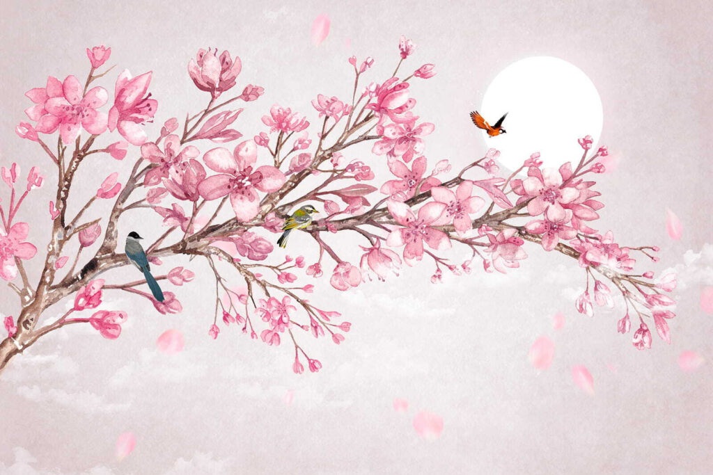 Birds on blossom, moonlight — full design