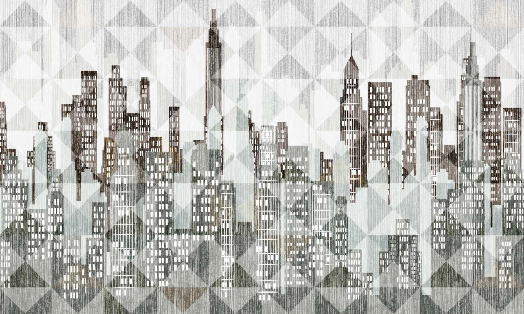 City facades, grey triangles — full design