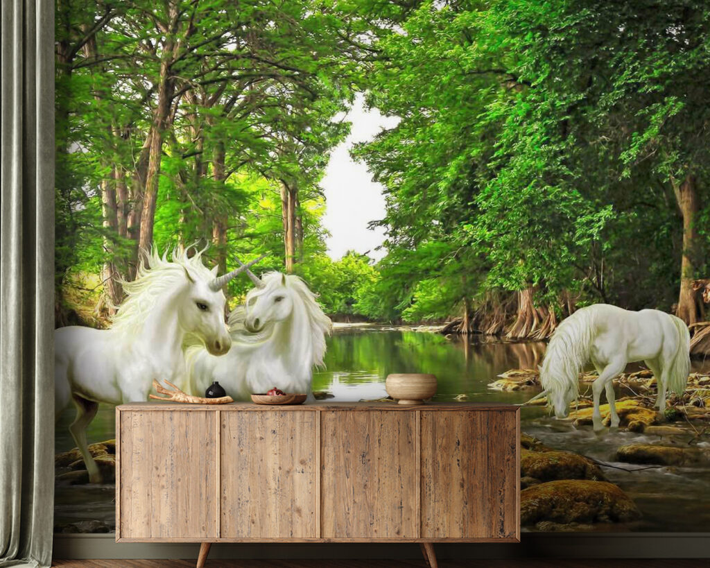 White horses, forest stream — interior 2