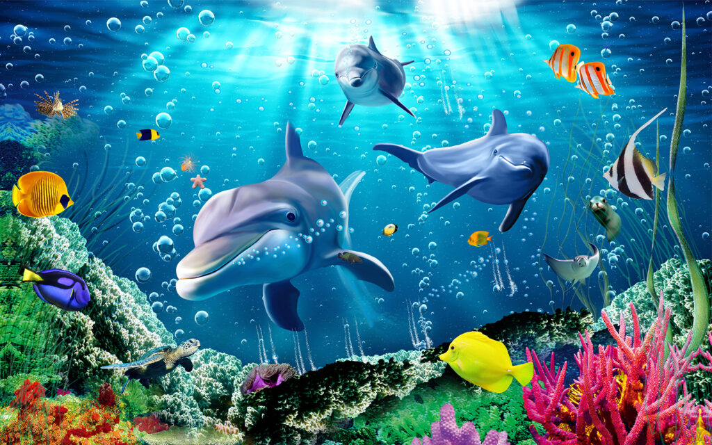 Dolphins in bright water — full design