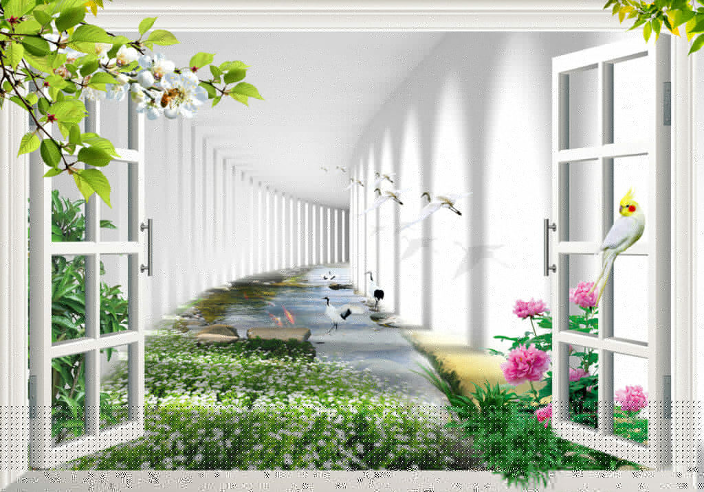 Flower garden, white columns — full design