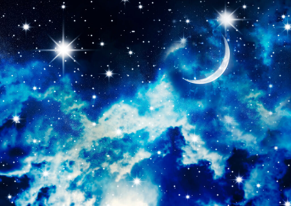 Crescent moon, starry clouds — full design