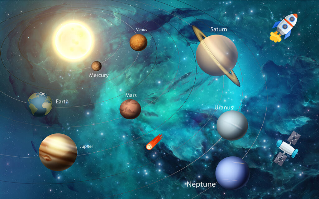 Planets and a rocket — full design