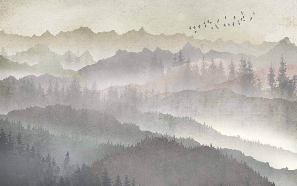 Birds above grey ridges — full design