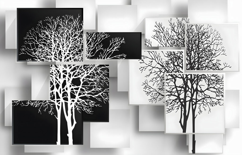 Tree silhouettes on panels — full design