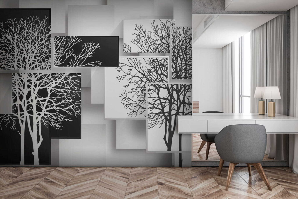 Tree silhouettes on panels — interior 2