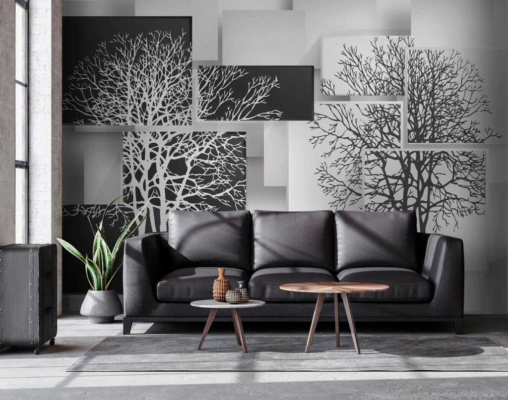 Tree silhouettes on panels — interior 4
