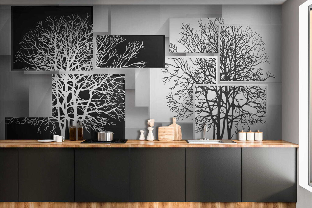 Tree silhouettes on panels — interior 1
