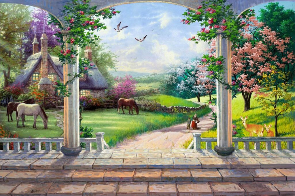 Flower terrace, grazing horses — full design