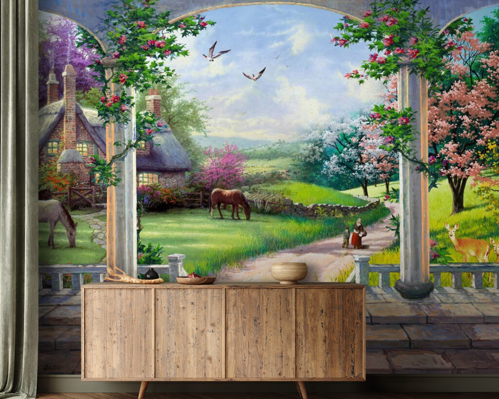 Flower terrace, grazing horses — interior 1
