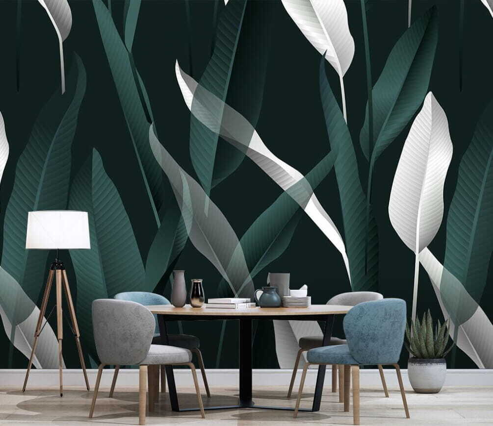 White leaves on dark — interior 1