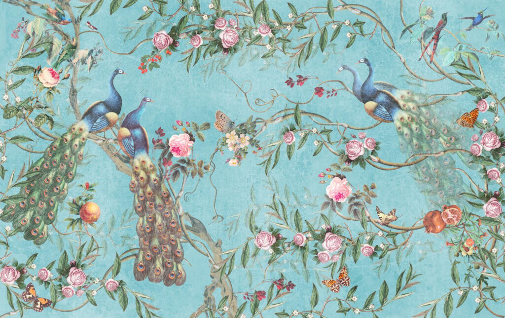 Peacocks among roses — full design