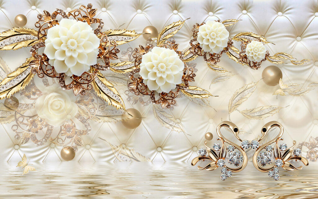 Swans among flowers — full design