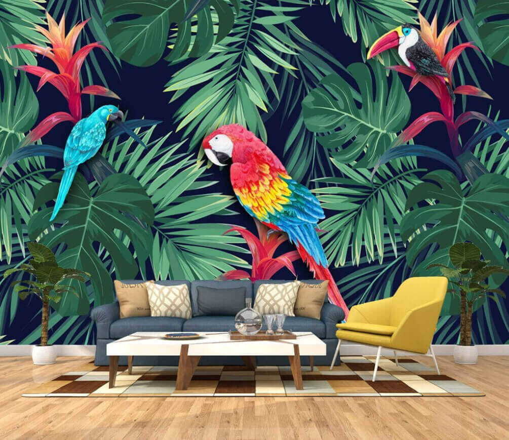Macaws among jungle leaves — interior 1