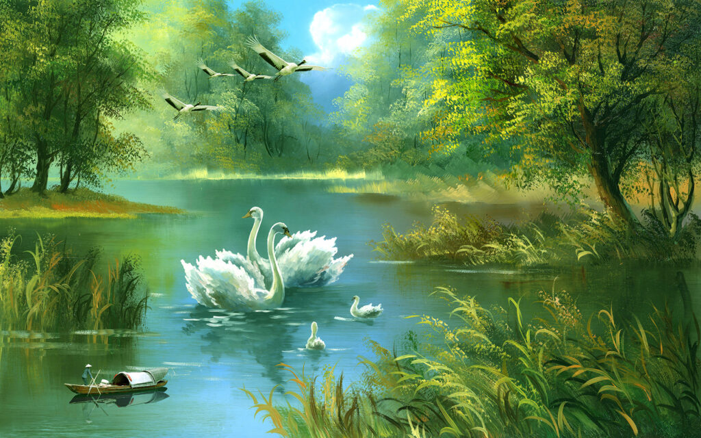 Swans on a pond — full design