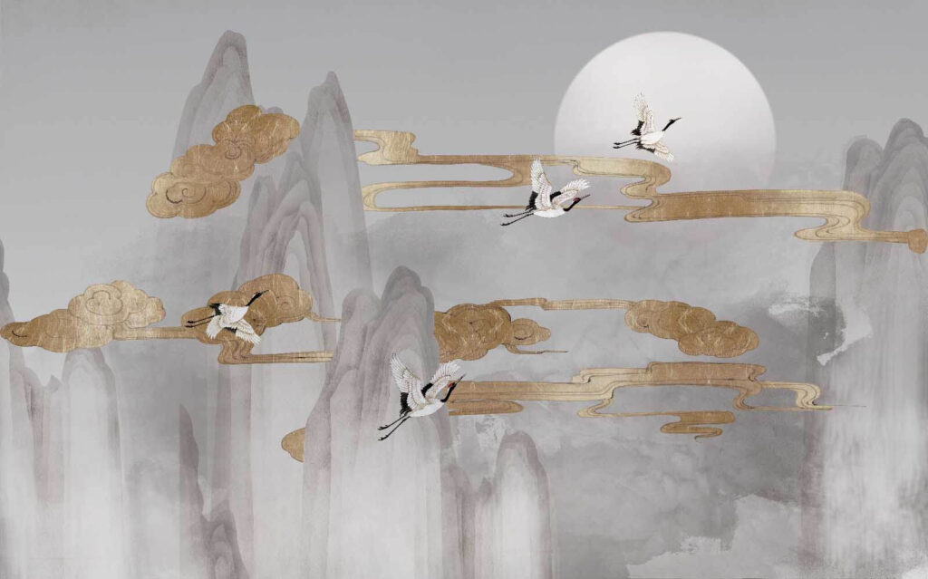 Cranes in golden clouds — full design