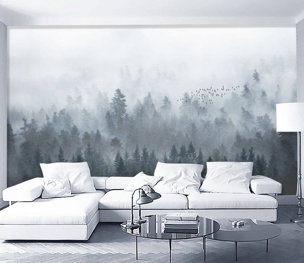 Flock above misty forest — interior 1