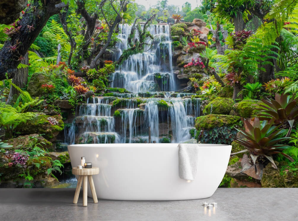 Waterfall over leafy steps — interior 1