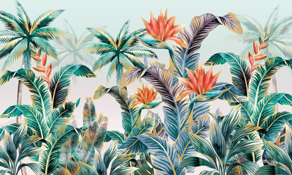 Tropical leaves, warm flowers — full design