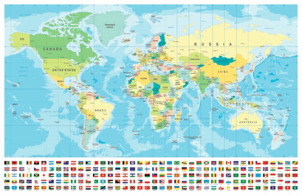 World map with flags — full design