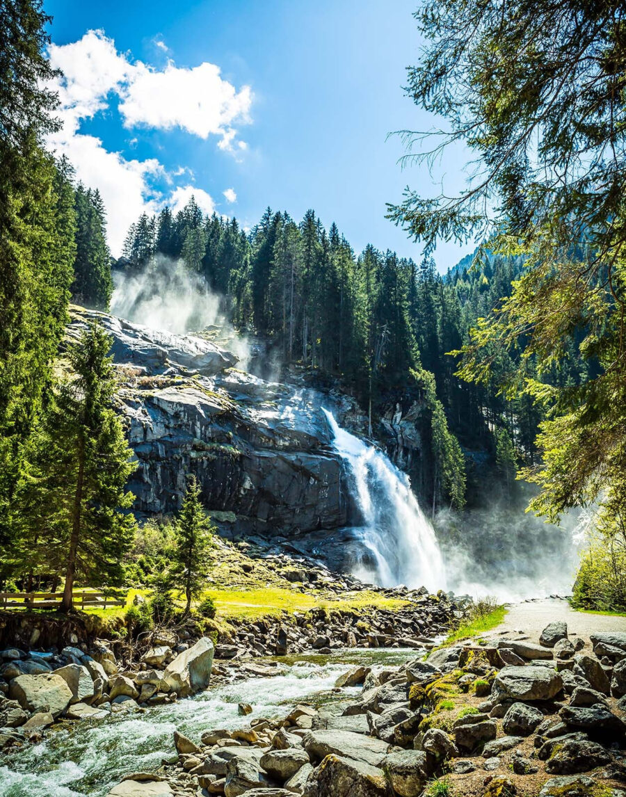 Waterfall among sunny pines — full design