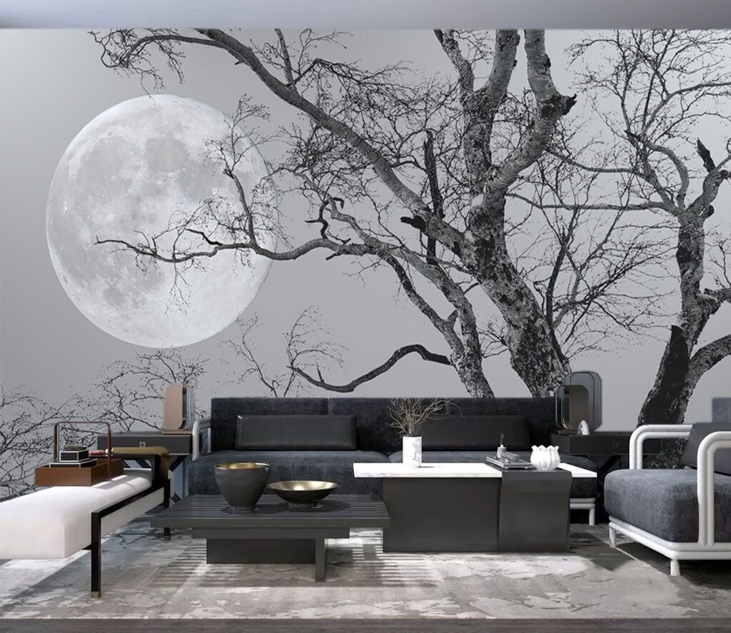 Moon behind bare branches — interior 1