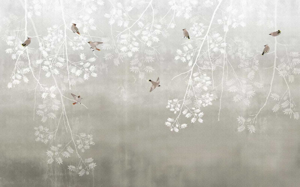 Birds among white twigs — full design