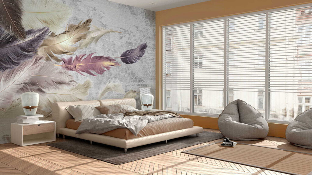 Feathers above weathered paint — interior 3