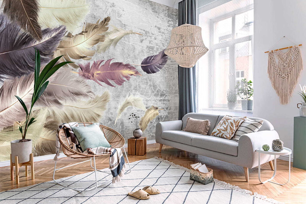 Feathers above weathered paint — interior 5