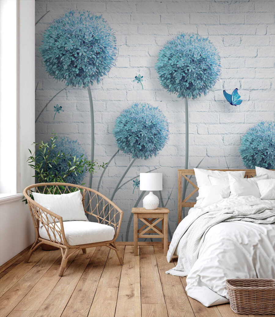 Blue flowers on brick — interior 2