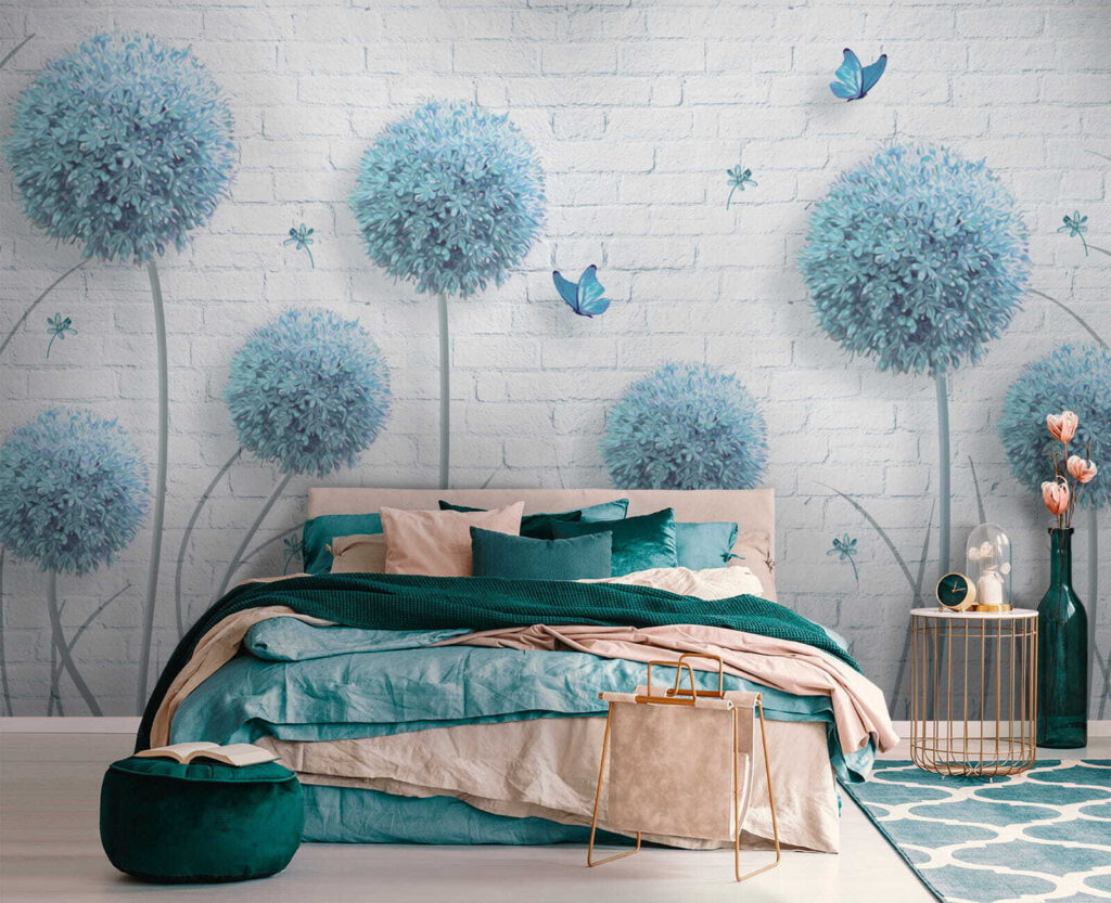 Blue flowers on brick — interior 1