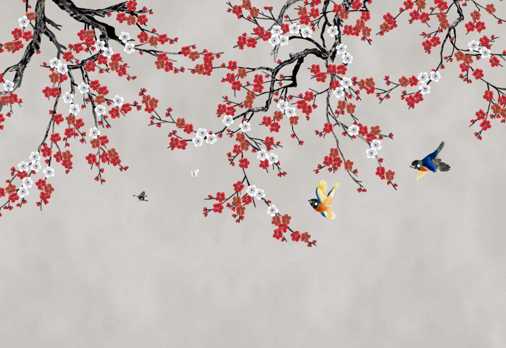 Birds under red blossom — full design