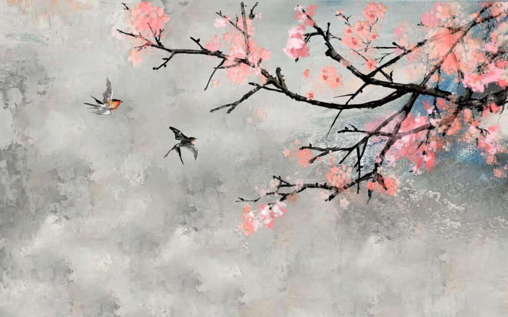 Birds beside blossom — full design