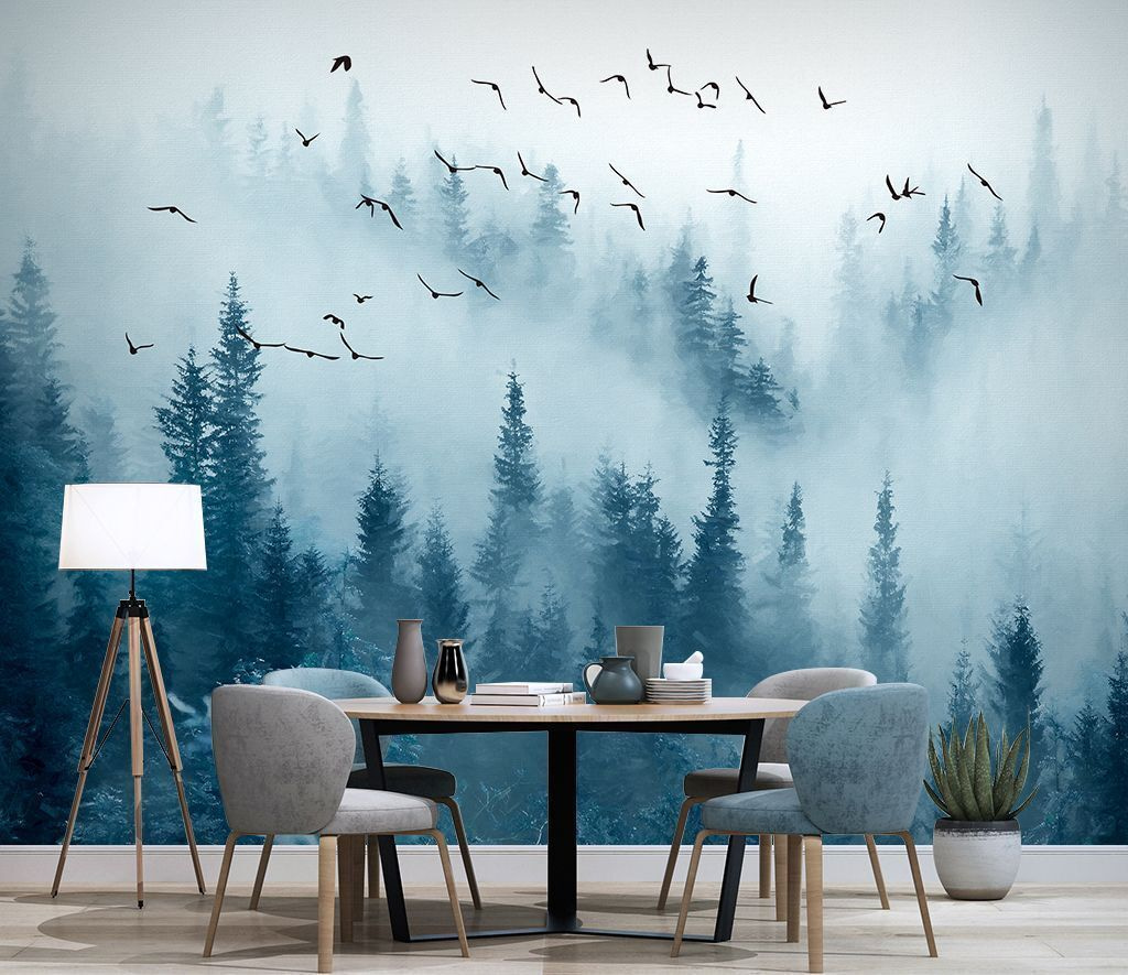Birds over blue mist — interior 1