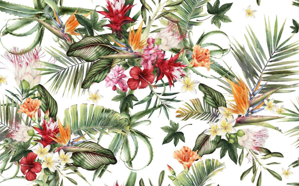 Tropical flowers on white — full design