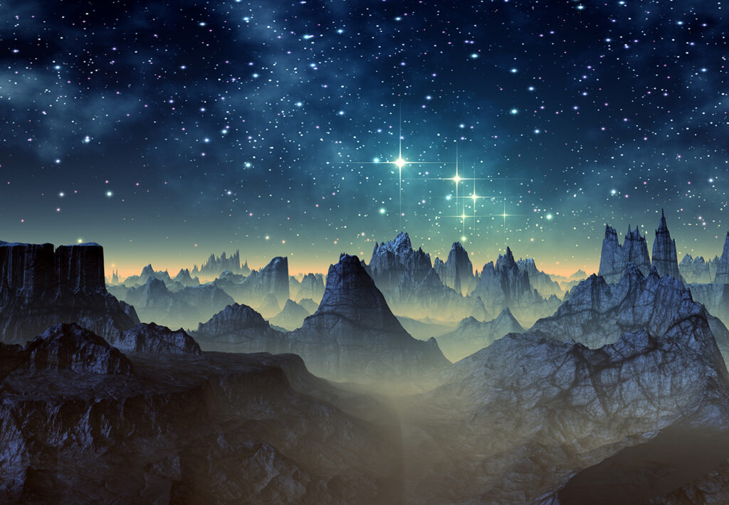 Stars above jagged ridges — full design