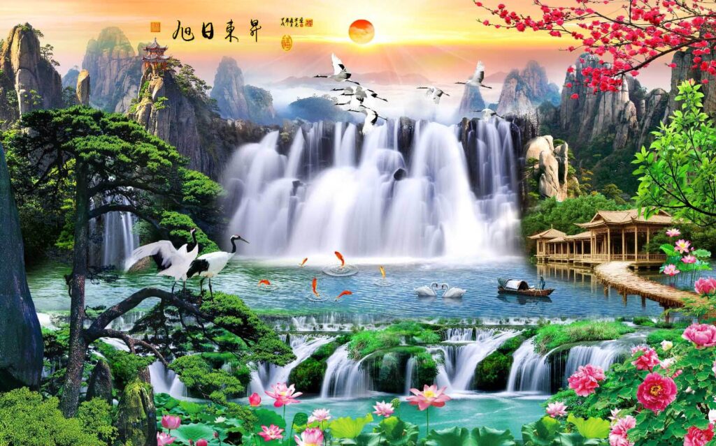 Cranes by tiered waterfalls — full design