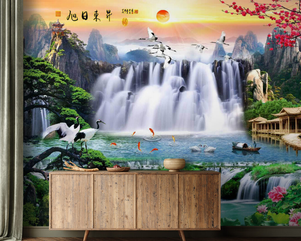 Cranes by tiered waterfalls — interior 2