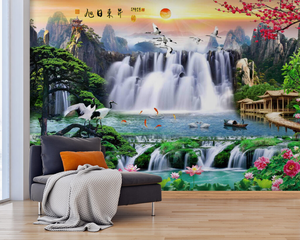 Cranes by tiered waterfalls — interior 1