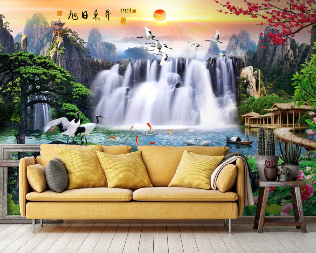 Cranes by tiered waterfalls — interior 3