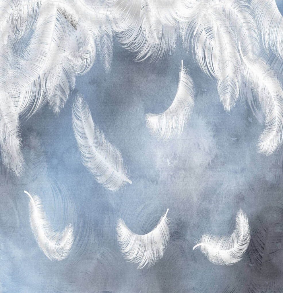 White feathers, misty blue — full design