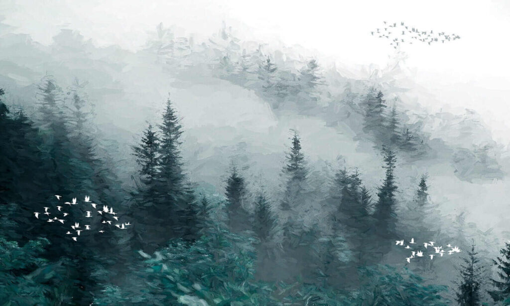 Birds among misty pines — full design
