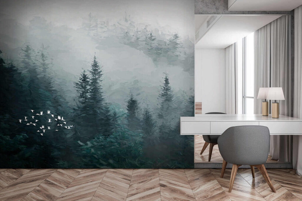 Birds among misty pines — interior 4